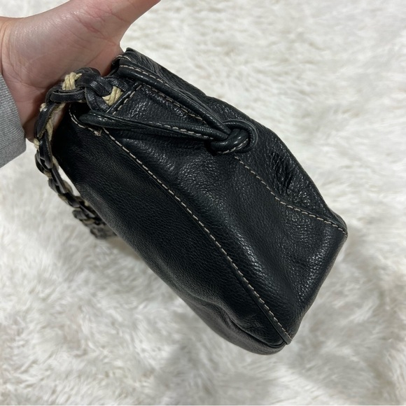 Fossil Pebbled Leather Purse Black Drawstring Hobo Bag Braided Strap - Picture 3 of 14